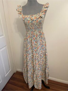 Old Navy Cream Maxi Dress with Orange & Blue Floral. Size XS